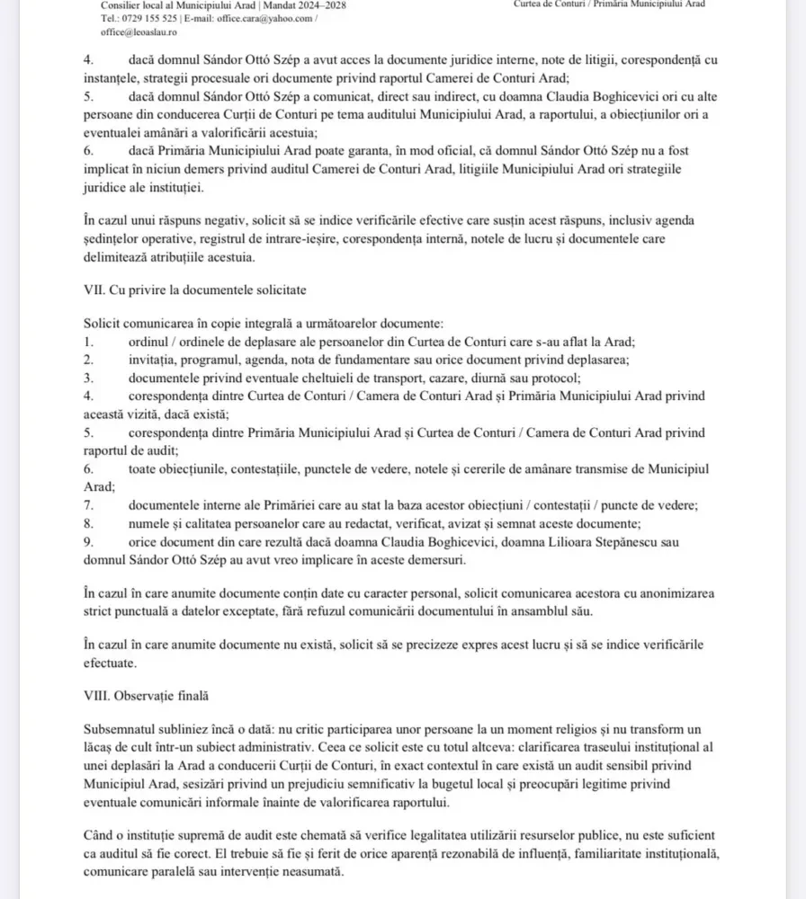 Consilierul local Leontin Aslău solicită PUNCT DE VEDERE, CLARIFICĂRI și DOCUMENTE din partea instituțiilor abilitate privind prezența la Arad a unor reprezentanți ai conducerii Curții de Conturi a României