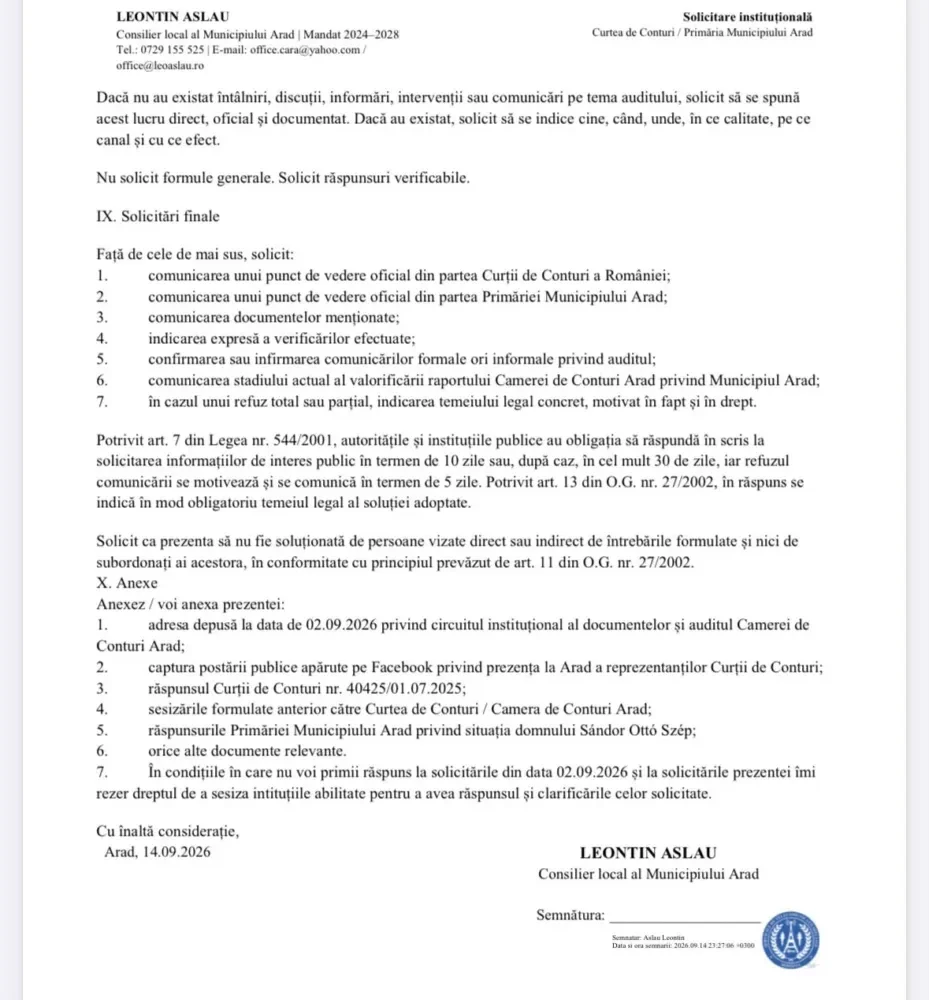 Consilierul local Leontin Aslău solicită PUNCT DE VEDERE, CLARIFICĂRI și DOCUMENTE din partea instituțiilor abilitate privind prezența la Arad a unor reprezentanți ai conducerii Curții de Conturi a României
