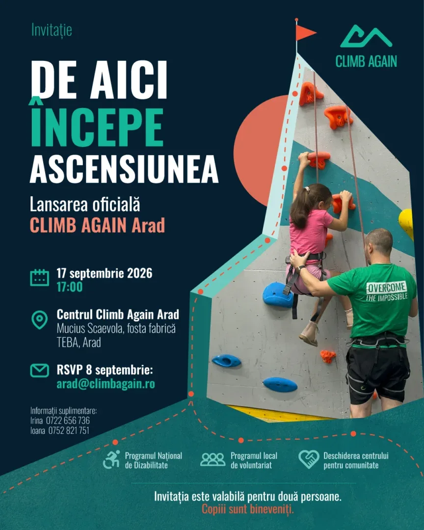 Climb Again deschide oficial centrul din Arad | Terapia prin escaladă, mai aproape de copiii și tinerii cu dizabilități din regiune