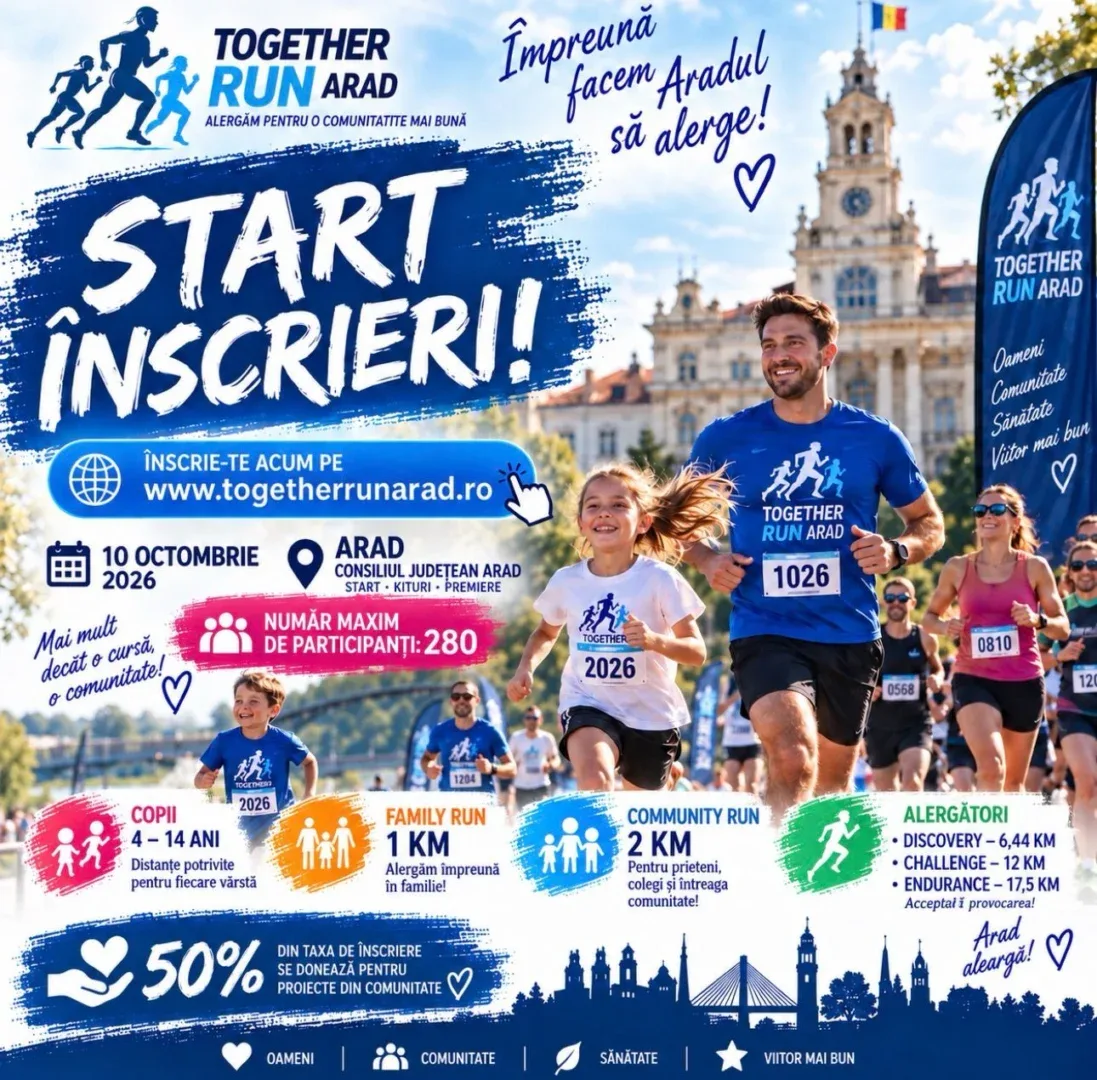 S-au deschis înscrierile pentru Together Run Arad 2026 | Alergare, familie și comunitate, pe 10 octombrie, în centrul Aradului