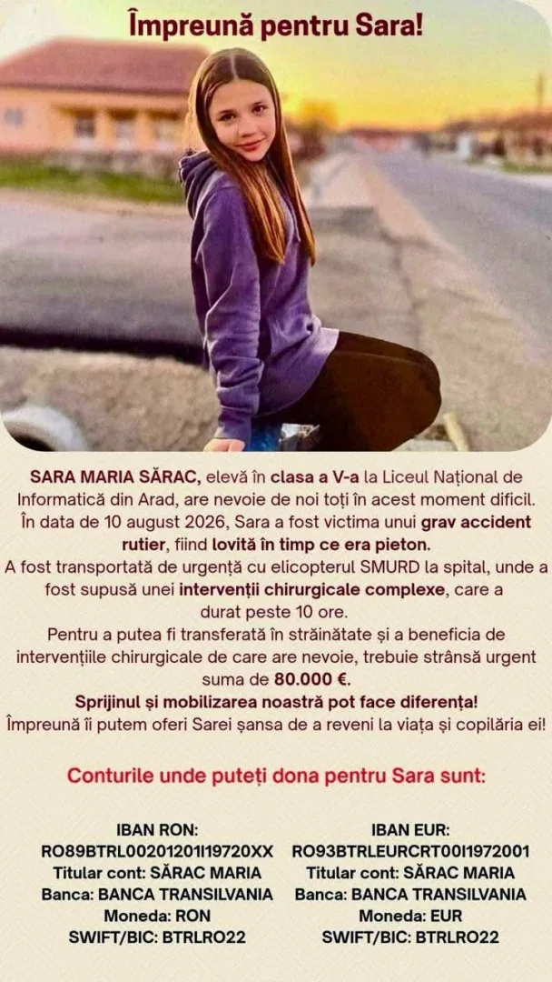 APEL UMANITAR | Sara Maria Sărac, elevă în clasa a V-a la Liceul Național de Informatică din Arad, are nevoie urgentă de ajutorul nostru
