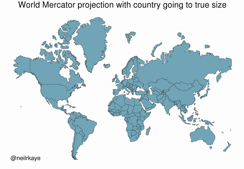 Animație GIF: proiecția Mercator versus dimensiunea reală a țărilor, Africa crescând vizibil pe măsură ce fiecare țară e mutată spre ecuator