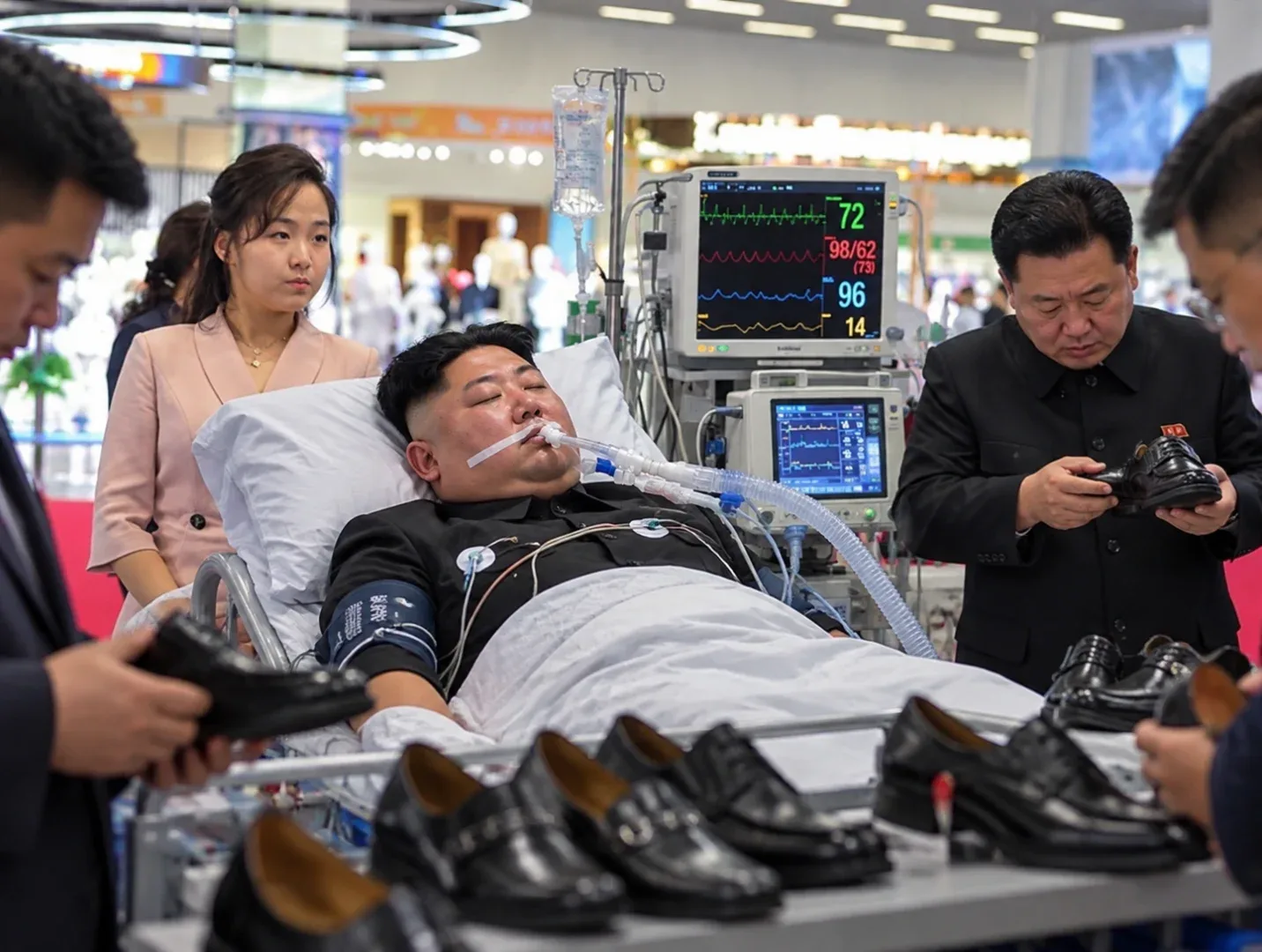 Montaj satiric: Kim Jong Un pe pat de spital la expoziția de încălțăminte din Phenian