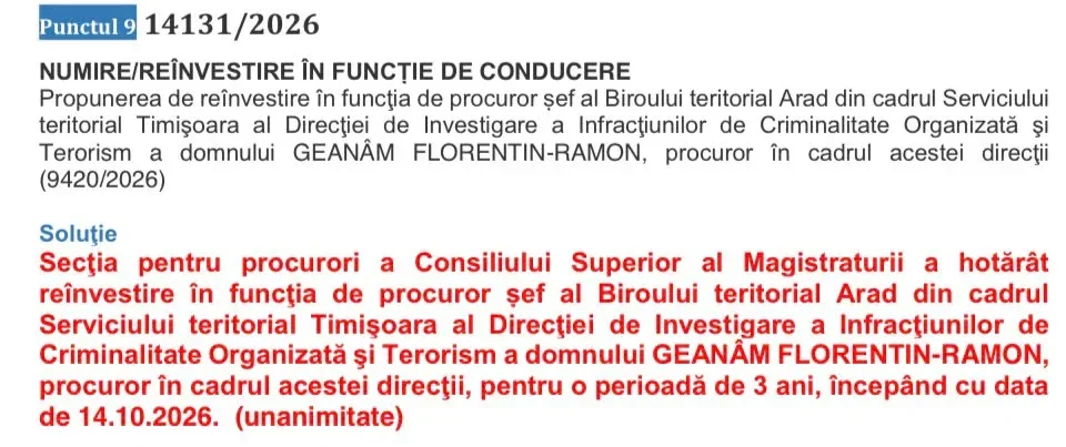 Procurorul Geanâm Florentin-Ramon, încă un mandat de 3 ani la conducerea DIICOT Arad