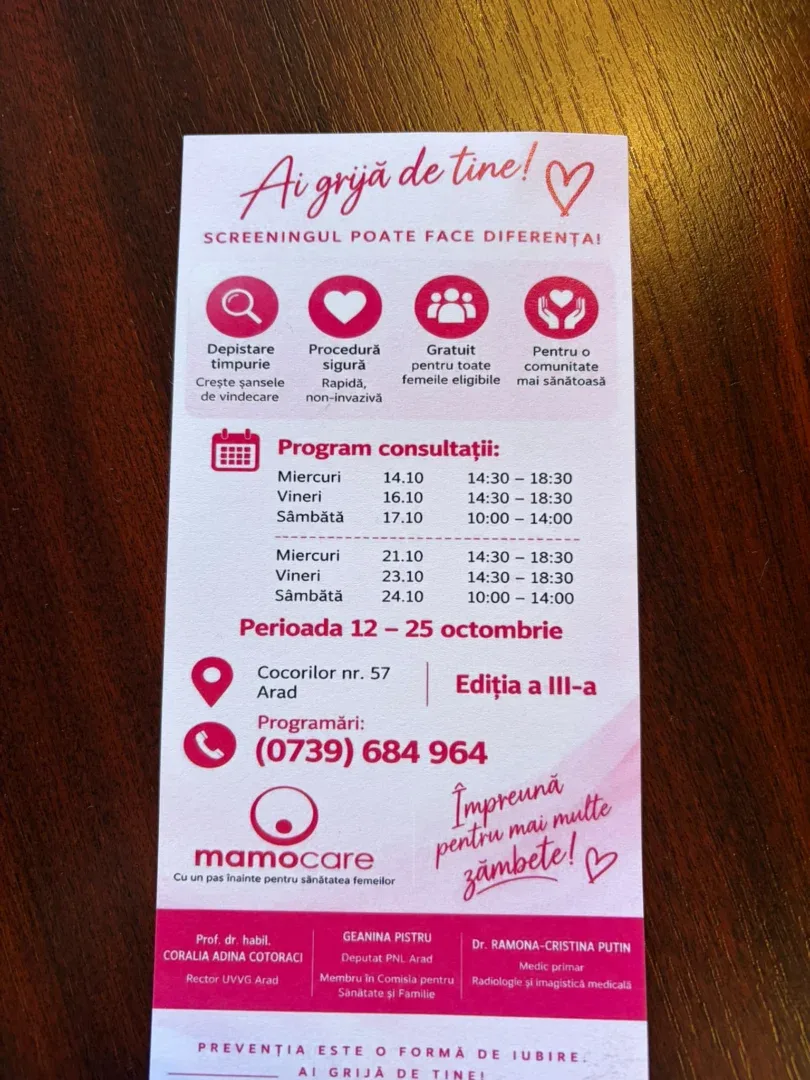 Campanie gratuită de screening pentru cancerul de sân, la Arad | Centrul MamoCare dă startul testărilor din 12 octombrie