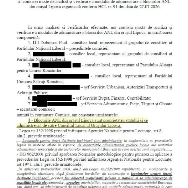 Lipova și administrația ei paralelă | O comisie mixtă formată din consilieri locali și personal din aparatul de specialitate al primarului a întocmit un RAPORT de analiză și verificare a modului de administrare a blocurilor ANL