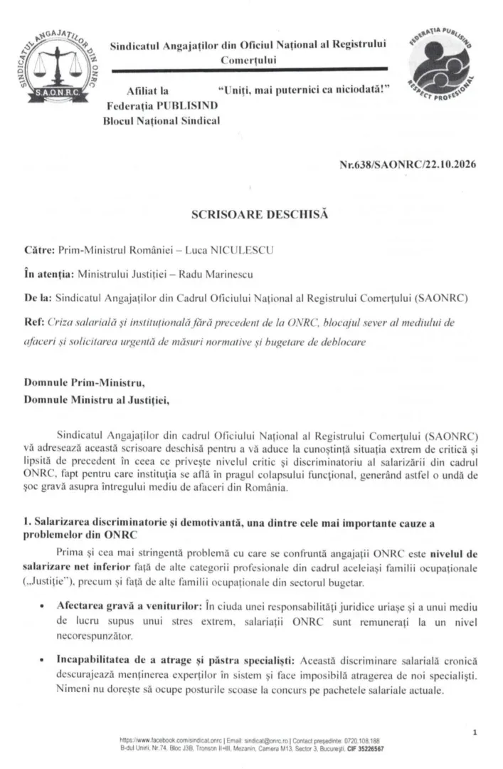 Termenul mediu de soluționare a cererilor depuse la ONRC a depășit 30 de zile, față de 1 zi cât prevede legea | Sindicatul Angajaților din Oficiul Național al Registrului Comerțului a transmis o Scrisoare Deschisă Prim-Ministrului și Ministrului Justiției