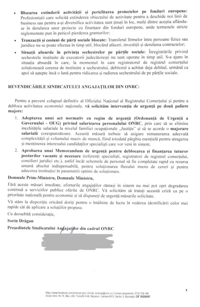 Termenul mediu de soluționare a cererilor depuse la ONRC a depășit 30 de zile, față de 1 zi cât prevede legea | Sindicatul Angajaților din Oficiul Național al Registrului Comerțului a transmis o Scrisoare Deschisă Prim-Ministrului și Ministrului Justiției