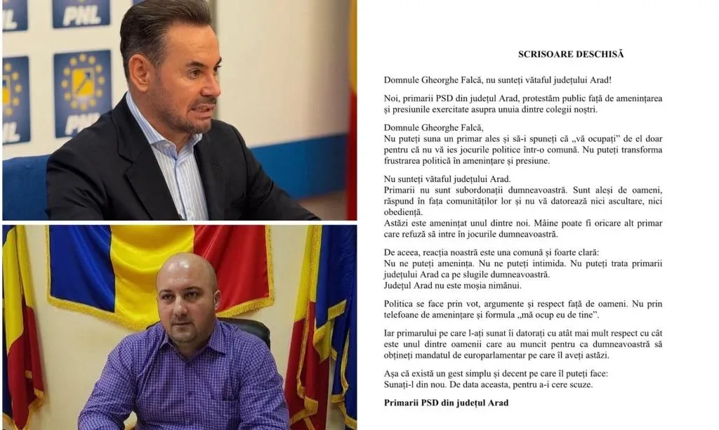 Falcă l-a amenințat, la telefon, pe primarul comunei Felnac Ioan Malița | Primarii PSD din Arad: „Domnule Gheorghe Falcă, nu sunteți vătaful județului!” | SCRISOARE DESCHISĂ